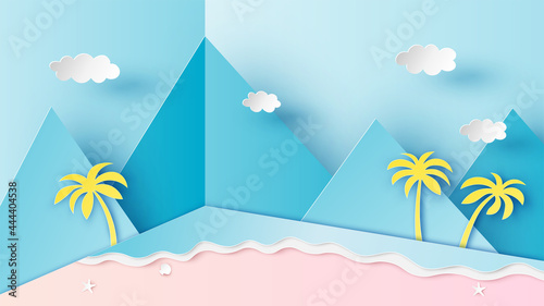 Summer sea scenery on corner room. Sea landscape. Summer time. Paper cut and craft style. vector, illustration.