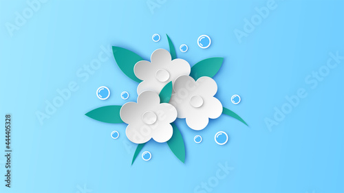 Illustration of paper white flowers with soap bubble. Spring flowers background. paper cut and craft style. vector, illustration.