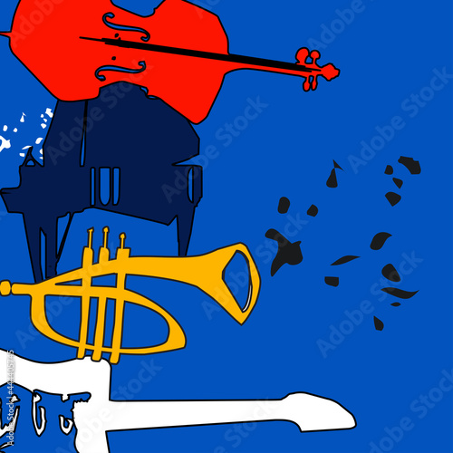 Musical promotional poster with musical instruments colorful vector illustration. Violoncello, piano, trumpet, guitar for live concert events, jazz music festivals and shows, party flyer