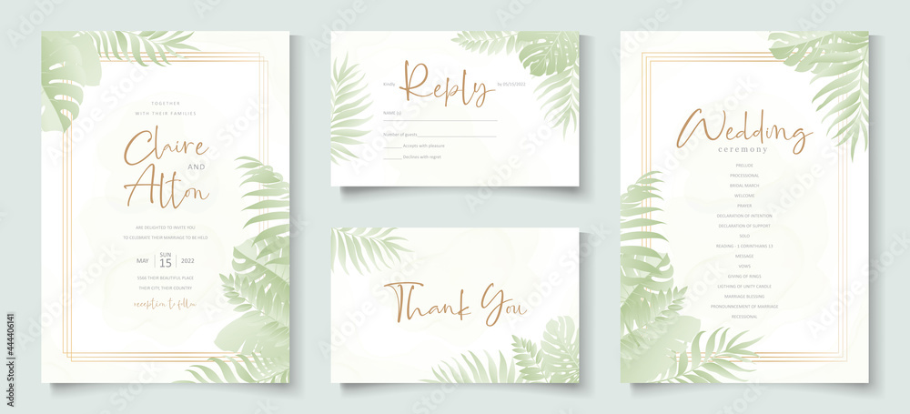 Wedding invitation template with tropical palm leaf design