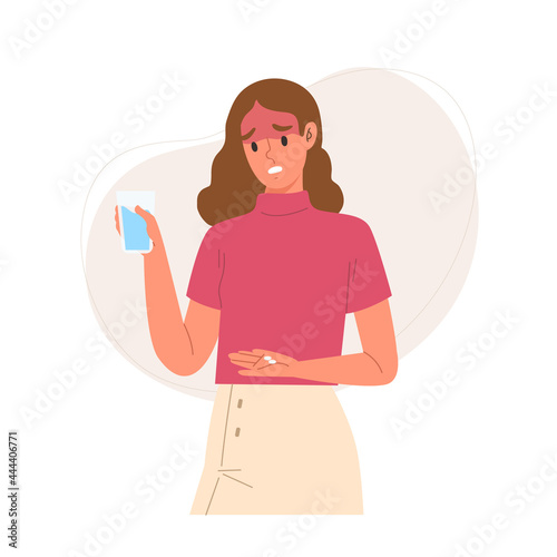 Young sick girl is taking medicine. Have a fever. Concept of illness, unwell character, health care, taking pill, cure or treatment. Flat vector illustration cartoon character.