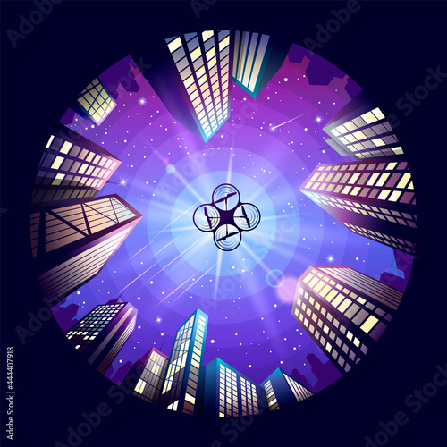 Drone or quadcopter flies over the city. City of the future. City landscape with a flying drone. Illustration for cover, advertisement, banner. Mobile theme or wallpaper. Stock vector illustration.