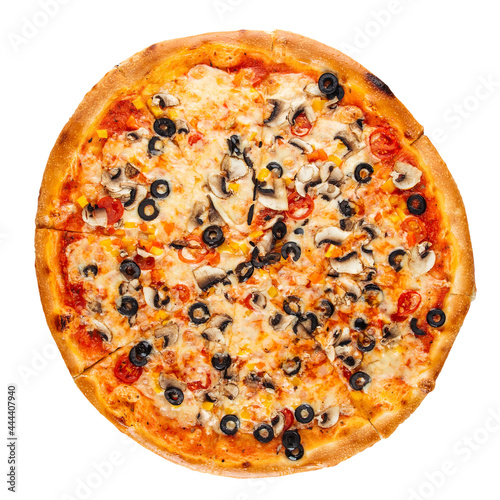 Isolated pizza with mushrooms and vegetables on white background