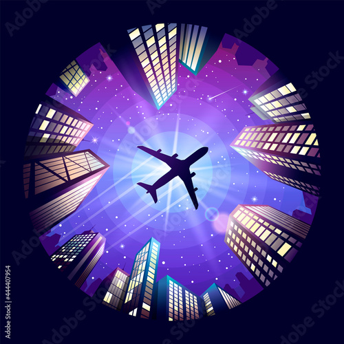 The plane is flying over the city. City of the future. City landscape with a soaring plane. Illustration for cover, advertisement, banner. Mobile theme or wallpaper. Stock vector illustration.