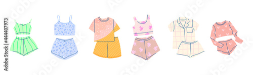 Flat vector cartoon pajama set for children and adults. Shirts and shorts, sleeping suits, nightwear. Isolated design on a white background.