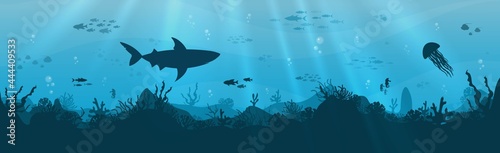 Underwater background with various sea views. Underwater scene. Cute sea fishes ocean underwater animals. Undersea bottom with corals seaweeds kids cartoon vector concept