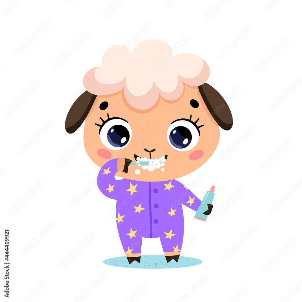 flat doodle cute cartoon baby sheep brushing teeth. Animals brush their teeth. flat doodle cute cartoon baby sheep brushing teeth. Animals brush their teeth.