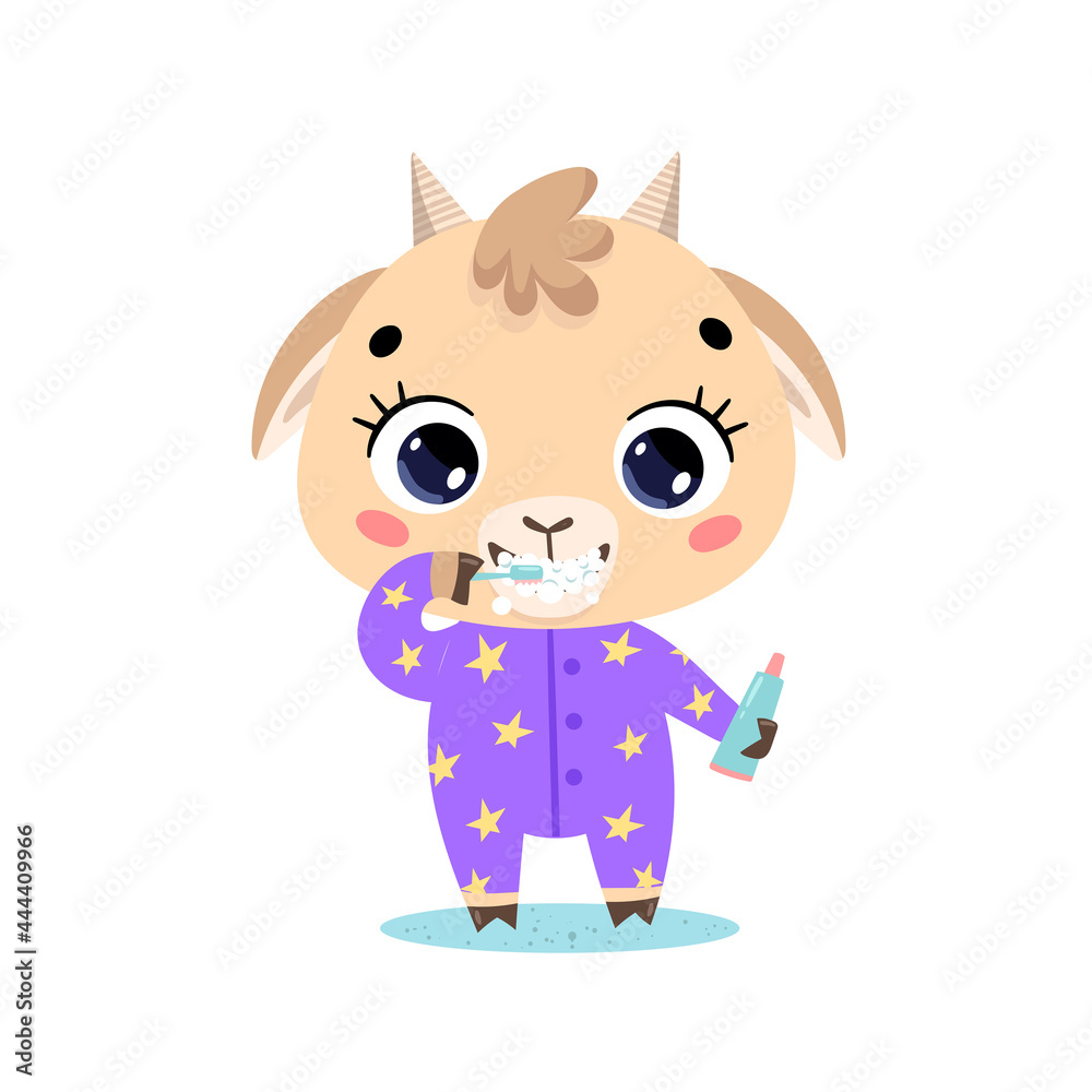 Vector flat doodle cute cartoon baby goat brushing teeth. Animals brush their teeth.