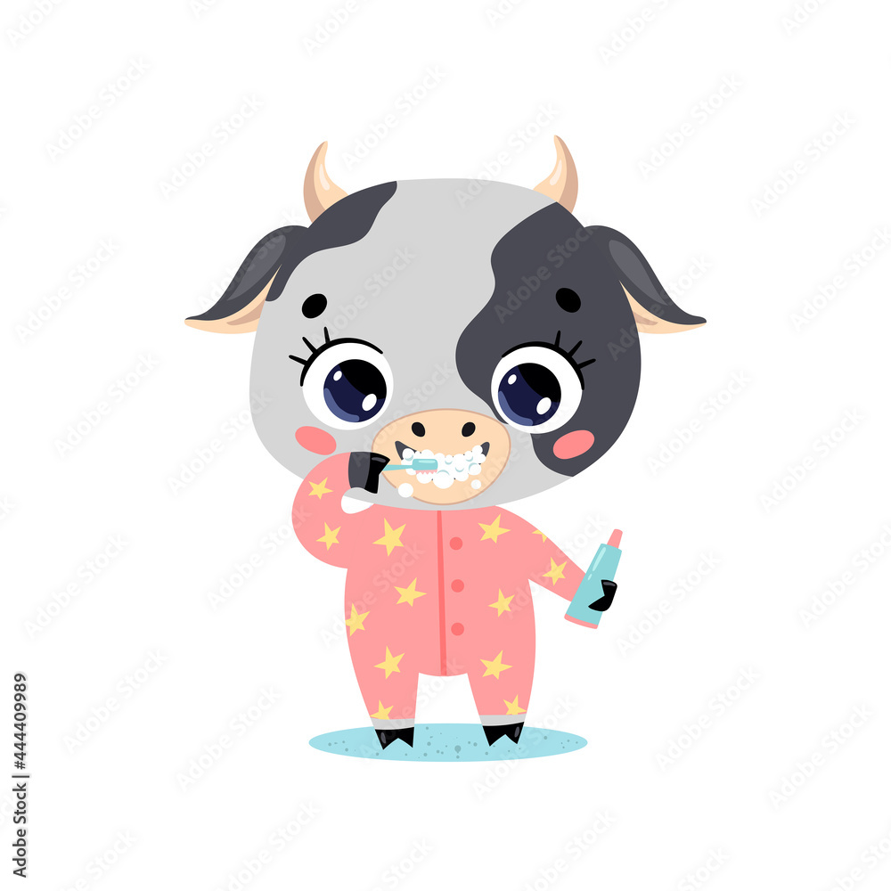 Naklejka premium Vector flat doodle cute cartoon baby cow brushing teeth. Animals brush their teeth.