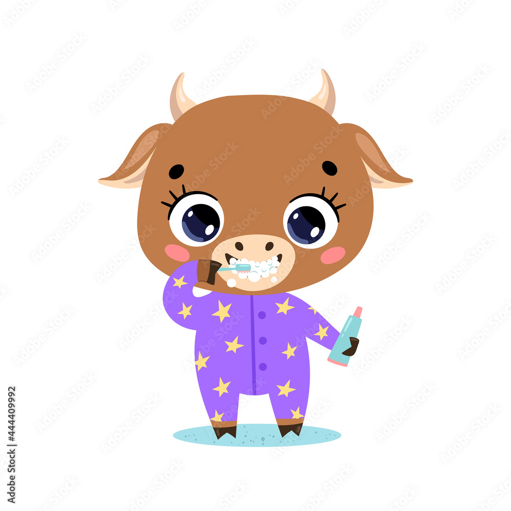 flat doodle cute cartoon baby cow bull brushing teeth. Animals brush their teeth. flat doodle cute cartoon baby cow bull brushing teeth. Animals brush their teeth.