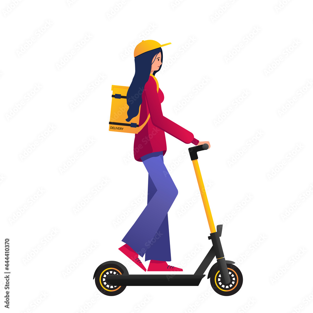 Online delivery service concept, online order tracking, delivery home and office. Young woman courier on electric scooter delivering orders, flat vector illustration isolated on white.