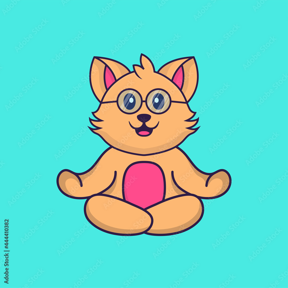 Obraz premium Cute cat is meditating or doing yoga. Animal cartoon concept isolated. Can used for t-shirt, greeting card, invitation card or mascot. Flat Cartoon Style
