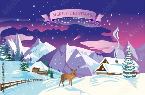 a deer in the winter mountains a house in the snow