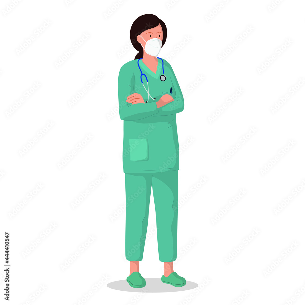 Vector illustration of a female doctor with protective mask. Professional doctor. Hospital worker. Vector illustration of a female doctor with protective mask. Professional doctor. Hospital worker.