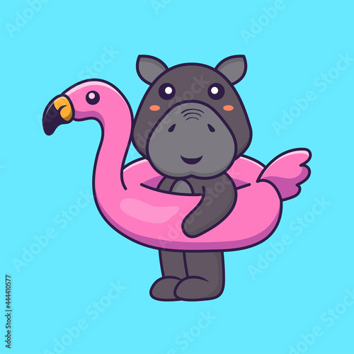 Cute hippopotamus With flamingo buoy. Animal cartoon concept isolated. Can used for t-shirt  greeting card  invitation card or mascot. Flat Cartoon Style