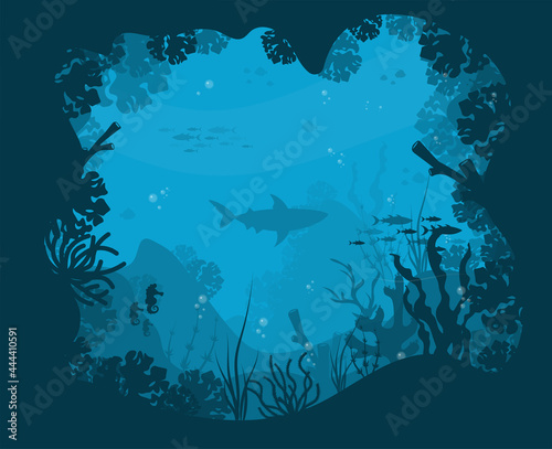 Underwater background with various sea views. Underwater scene. Cute sea fishes ocean underwater animals. Undersea bottom with corals seaweeds kids cartoon vector concept