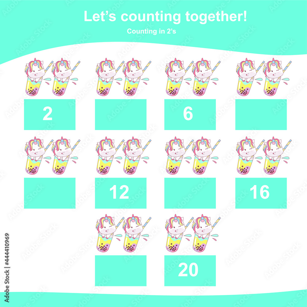 Counting unicorn game for children. Counting in 2s. Cute unicorn math worksheet. Educational printable math worksheet. Vector illustration in cartoon style. Counting unicorn game for children. Counting in 2s. Cute unicorn math worksheet. Educational printable math worksheet. Vector illustration in cartoon style.