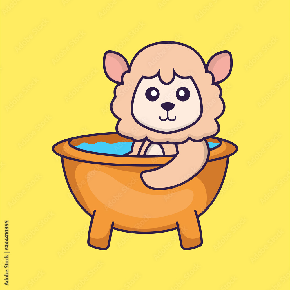 Cute sheep taking a bath in the bathtub. Animal cartoon concept isolated. Can used for t-shirt, greeting card, invitation card or mascot. Flat Cartoon Style Cute sheep taking a bath in the bathtub. Animal cartoon concept isolated. Can used for t-shirt, greeting card, invitation card or mascot. Flat Cartoon Style