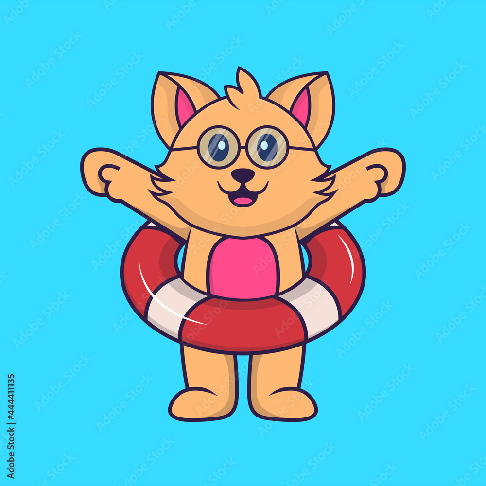 Cute cat using a float. Animal cartoon concept isolated. Can used for t-shirt, greeting card, invitation card or mascot. Flat Cartoon Style Cute cat using a float. Animal cartoon concept isolated. Can used for t-shirt, greeting card, invitation card or mascot. Flat Cartoon Style