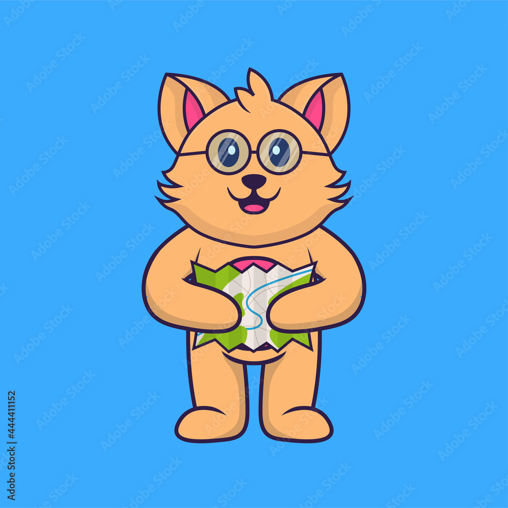 Cute cat holding a map. Animal cartoon concept isolated. Can used for t-shirt, greeting card, invitation card or mascot. Flat Cartoon Style Cute cat holding a map. Animal cartoon concept isolated. Can used for t-shirt, greeting card, invitation card or mascot. Flat Cartoon Style