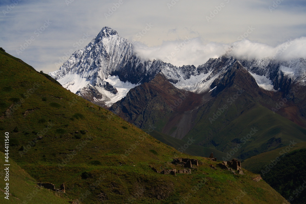 Fototapeta premium Caucasus, Ossetia. Zrug gorge. Ruins of the village of Kozatikau.