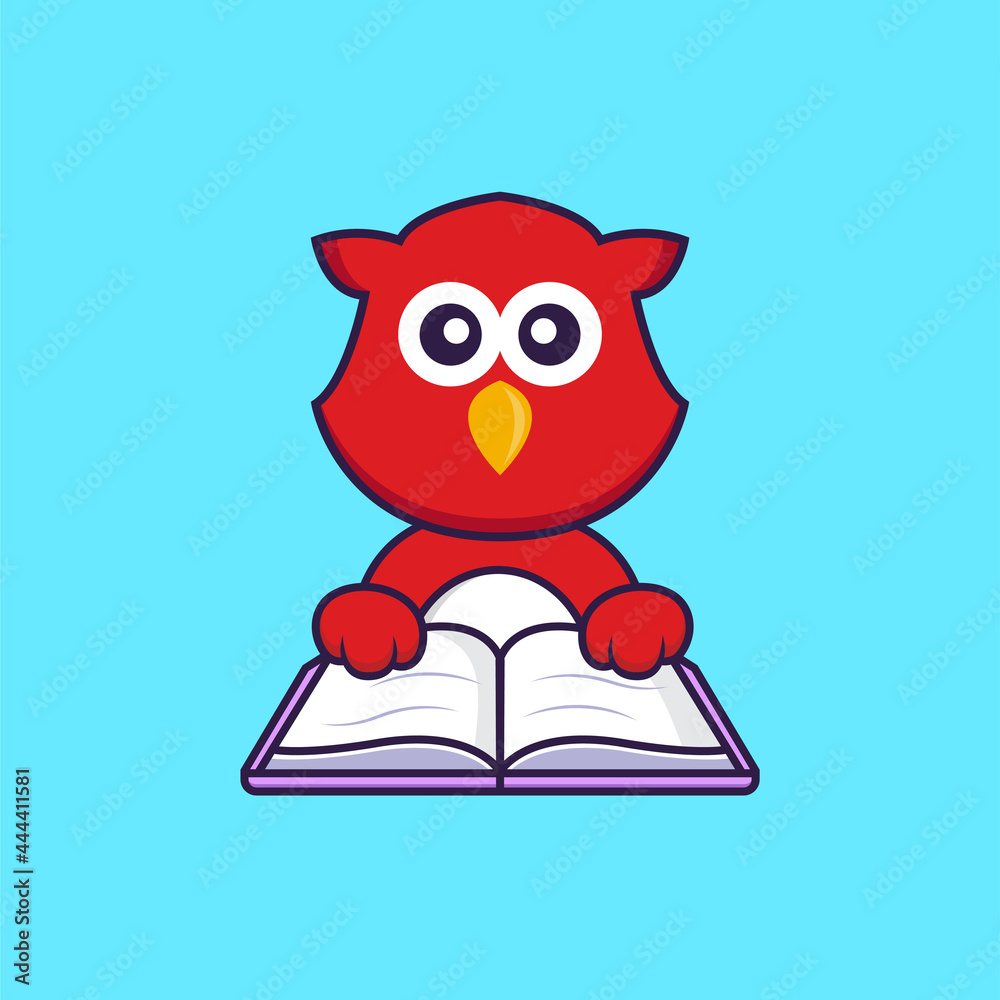 Cute bird reading a book. Animal cartoon concept isolated. Can used for t-shirt, greeting card, invitation card or mascot. Flat Cartoon Style