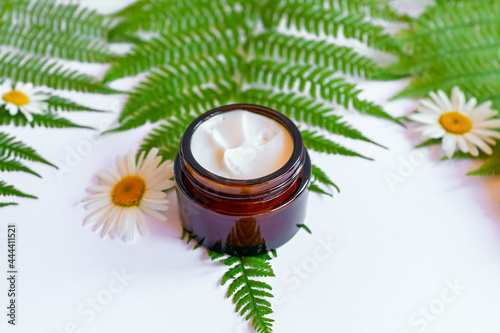 Amber glass jar of face cream on a background of forest herbs  fern and camomiles. Concept of natural cosmetics.