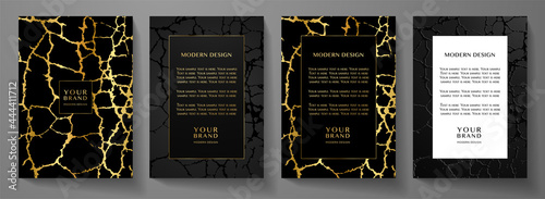 Modern black and gold cover, frame design set. Premium abstract line pattern with crack texture (grunge background). Luxury vector for catalog, brochure template, restaurant or cafe menu, luxe booklet