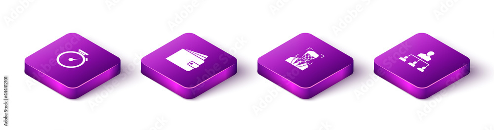 Set Isometric Stopwatch, Wallet, Face recognition and Referral marketing icon. Vector Set Isometric Stopwatch, Wallet, Face recognition and Referral marketing icon. Vector