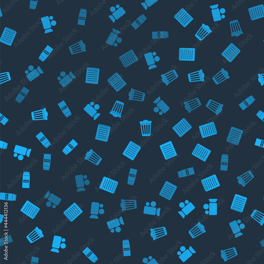 Set Movie or Video camera, Notebook, Trash can and Paper package for milk on seamless pattern. Vector