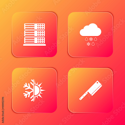 Set Server, Data, Web Hosting, Cloud with snow and rain, Sun snowflake and Meat chopper icon. Vector