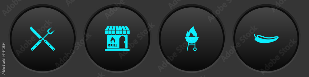 Set Crossed fork and knife, Barbecue shopping building, grill and Hot chili pepper pod icon. Vector Set Crossed fork and knife, Barbecue shopping building, grill and Hot chili pepper pod icon. Vector