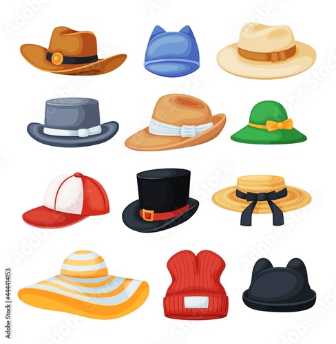 Cartoon headwear. Cowboy hat, fedora, beach sun hat, baseball cap, black cylinder. Different types of men and women stylish hats vector set. Male and female headgears for various events