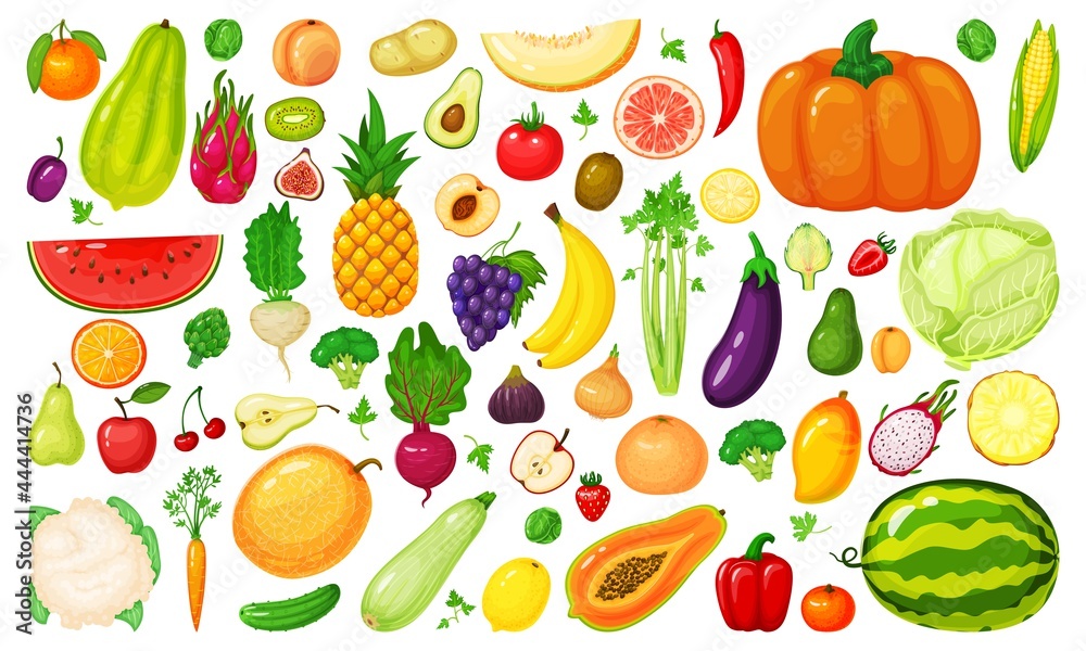 Cartoon fruits and vegetables. Broccoli, carrot, cabbage, beetroot, kiwi, apricot, mango. Fresh organic vegetable, fruit slices vector set. Organic healthy food for market, farming products Cartoon fruits and vegetables. Broccoli, carrot, cabbage, beetroot, kiwi, apricot, mango. Fresh organic vegetable, fruit slices vector set. Organic healthy food for market, farming products