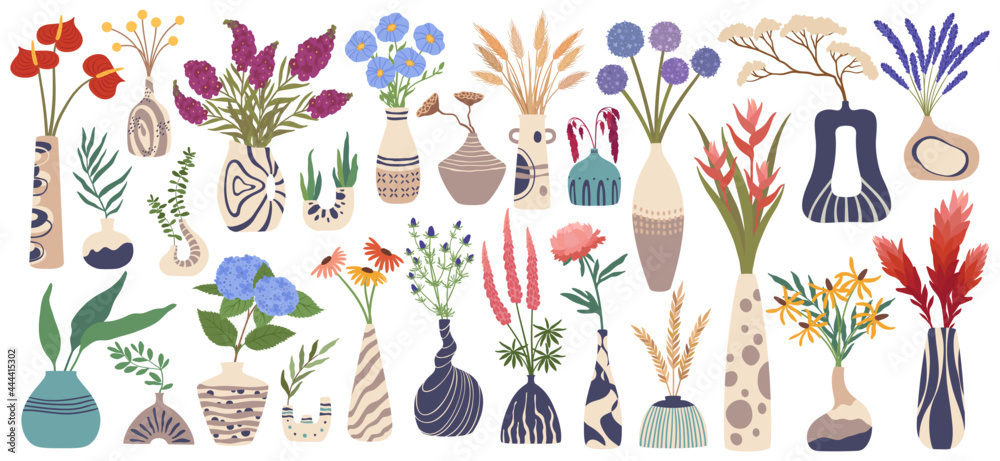 Vase with flowers. Various plants in ceramic vases. Tropical blooming flower, leaves. Modern pottery with bouquets for interior decor vector set. Beautiful floral elements for decoration