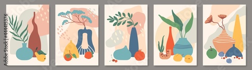 Abstract poster with vases. Still life with ceramic vases, plants and fruits. Modern botanical wall art decor, boho style posters vector set. Decoration for room interior with pomegranate, pear