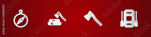 Set Compass, Wooden axe and wood, and Rafting boat icon. Vector