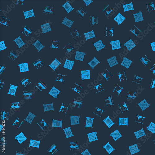Set Decree, parchment, scroll, Sunken ship, and Boat with oars on seamless pattern. Vector