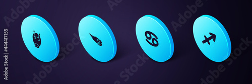 Set Isometric Sagittarius zodiac, Cancer, Comet falling down fast and Horse icon. Vector
