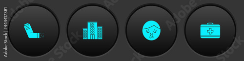 Set Inhaler, Medical hospital building, Runny nose and First aid kit icon. Vector