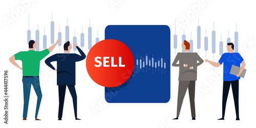 sell stocks red button market transaction trader analyst investor look into candlestick chart predicting taking profit cut loss