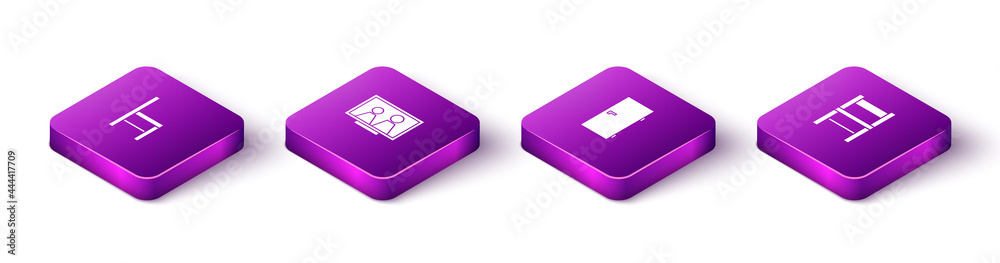 Set Isometric Chair, Picture frame on table, Closed door and icon. Vector Set Isometric Chair, Picture frame on table, Closed door and icon. Vector