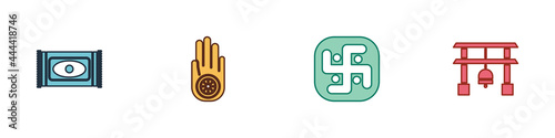 Set Traditional carpet, Jainism or Jain Dharma, and Japan Gate icon. Vector