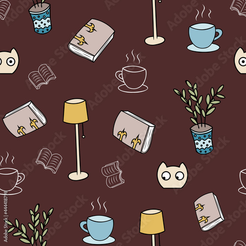 Cosy reading plants and blobs seamless pattern.