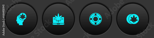 Set Head with marijuana or cannabis, Laptop and, Ashtray and Herbal ecstasy tablets icon. Vector