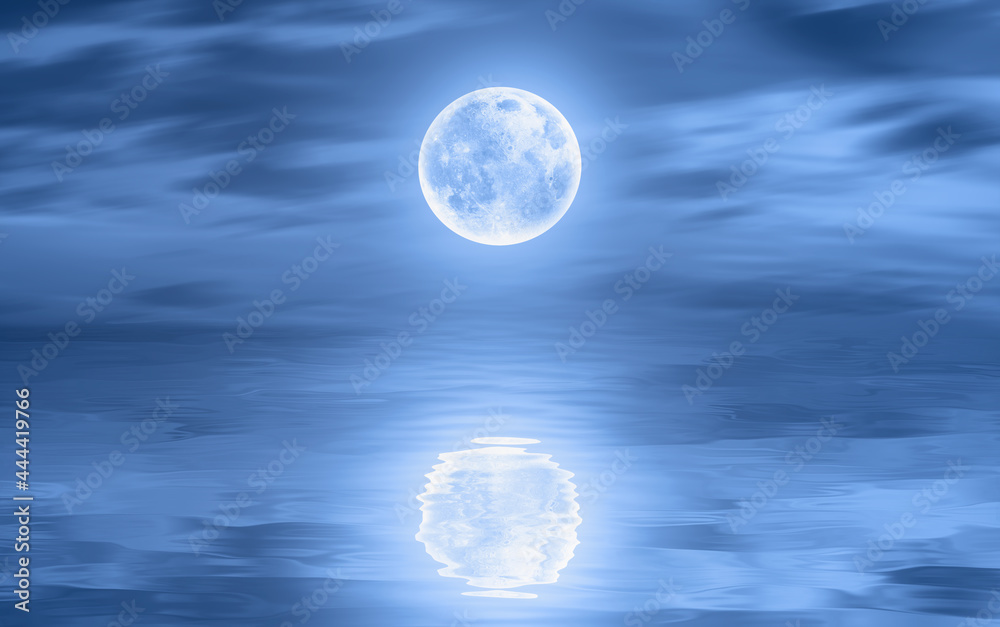 Night sky with moon in the clouds on the foreground calm sea