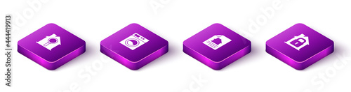 Set Isometric Search house, Washer, House contract and under protection icon. Vector