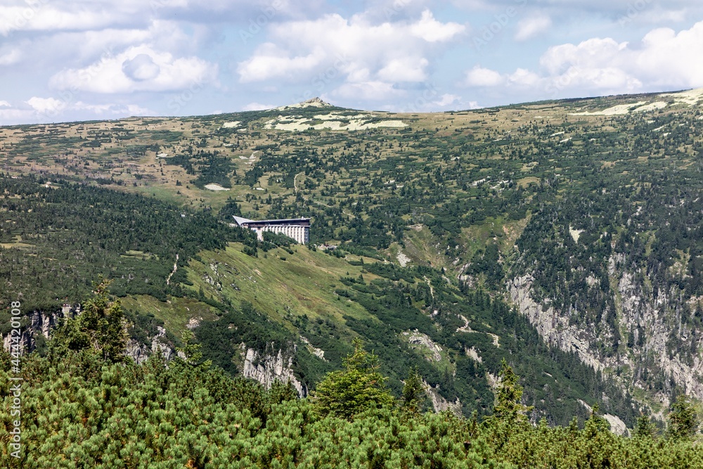 Landscape of Giant Mountains (Krkonose) with Labska Bouda building in Czech Republic