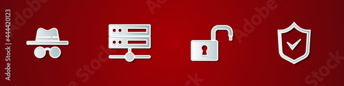 Set Incognito mode, Server, Data, Web Hosting, Open padlock and Shield with check mark icon. Vector