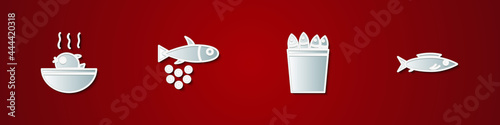 Set Puffer fish soup, Fish with caviar, Fishing bucket fishes and icon. Vector